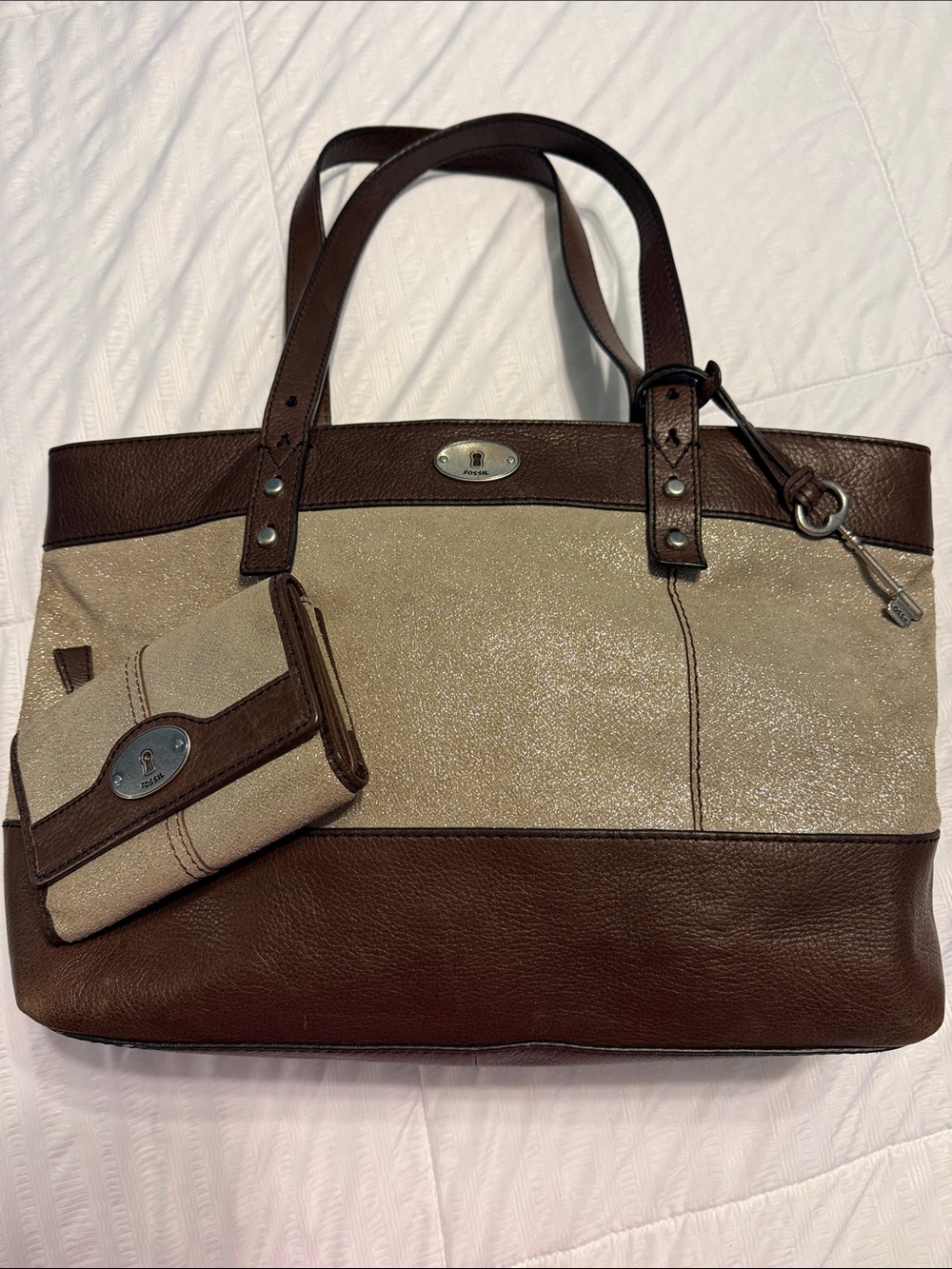 Fossil Brown and Cream Leather Tote with Matching Wallet